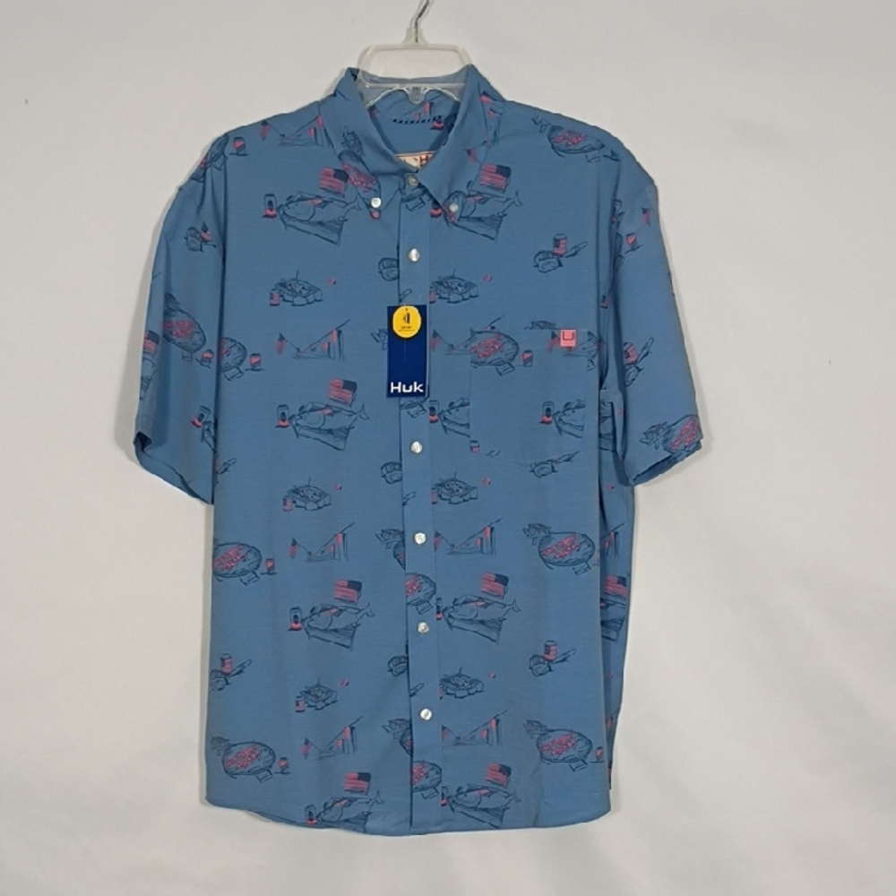 NWT Huk Mens Quiet Harbor Upf 30 Americookin Kona Woven Short Sleeve Shirt Sz Lg